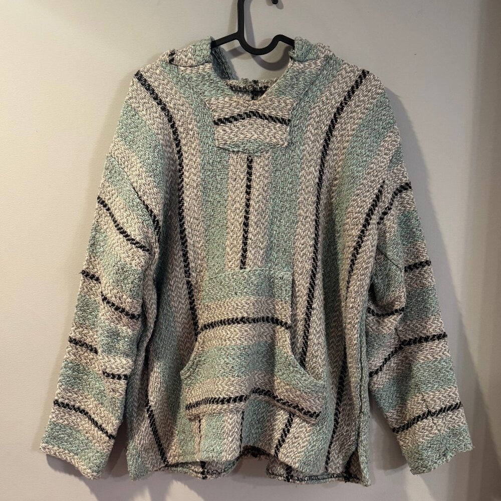Baja Joe Mexican Rug Poncho - Mint Green/Black/White - Size Small